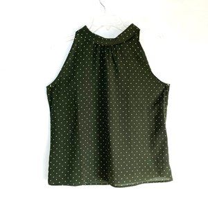 Fun2Fun Classic Polka Dot Sleeveless Mock-Neck Halter Top Sz S Relaxed Fit Olive